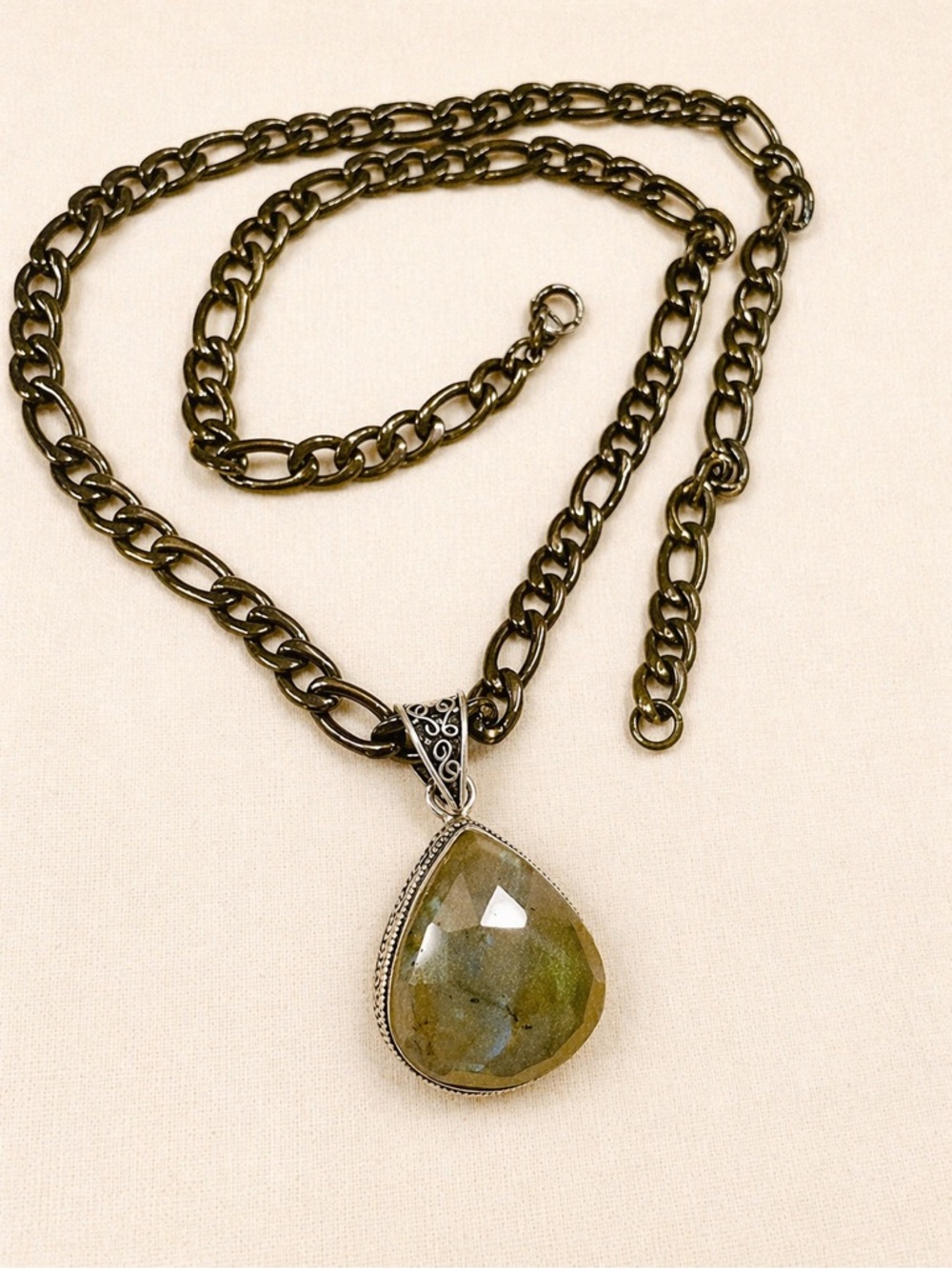Labradorite large Silver Plated Pendant and Black Steel Necklace